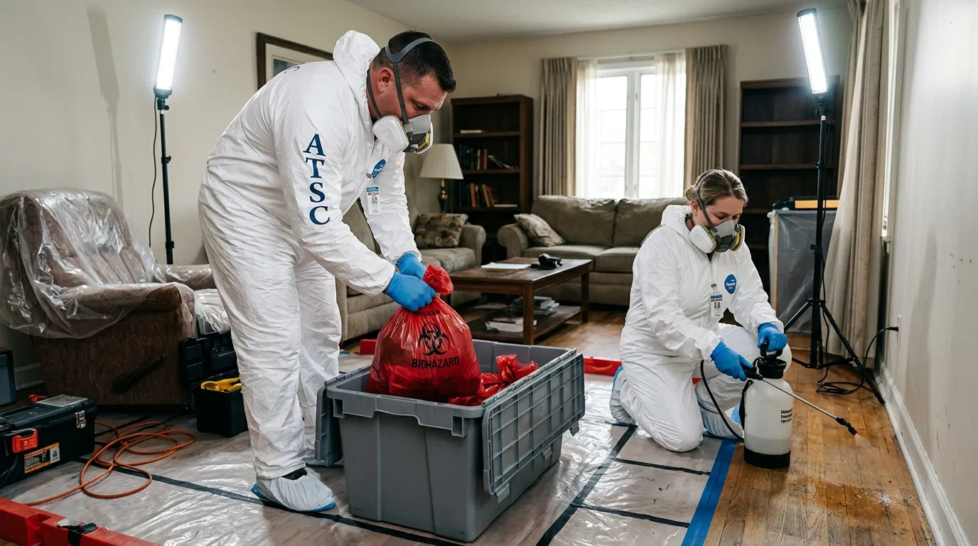 Professional Biohazard Cleanup technician in full PPE working in Rocklin